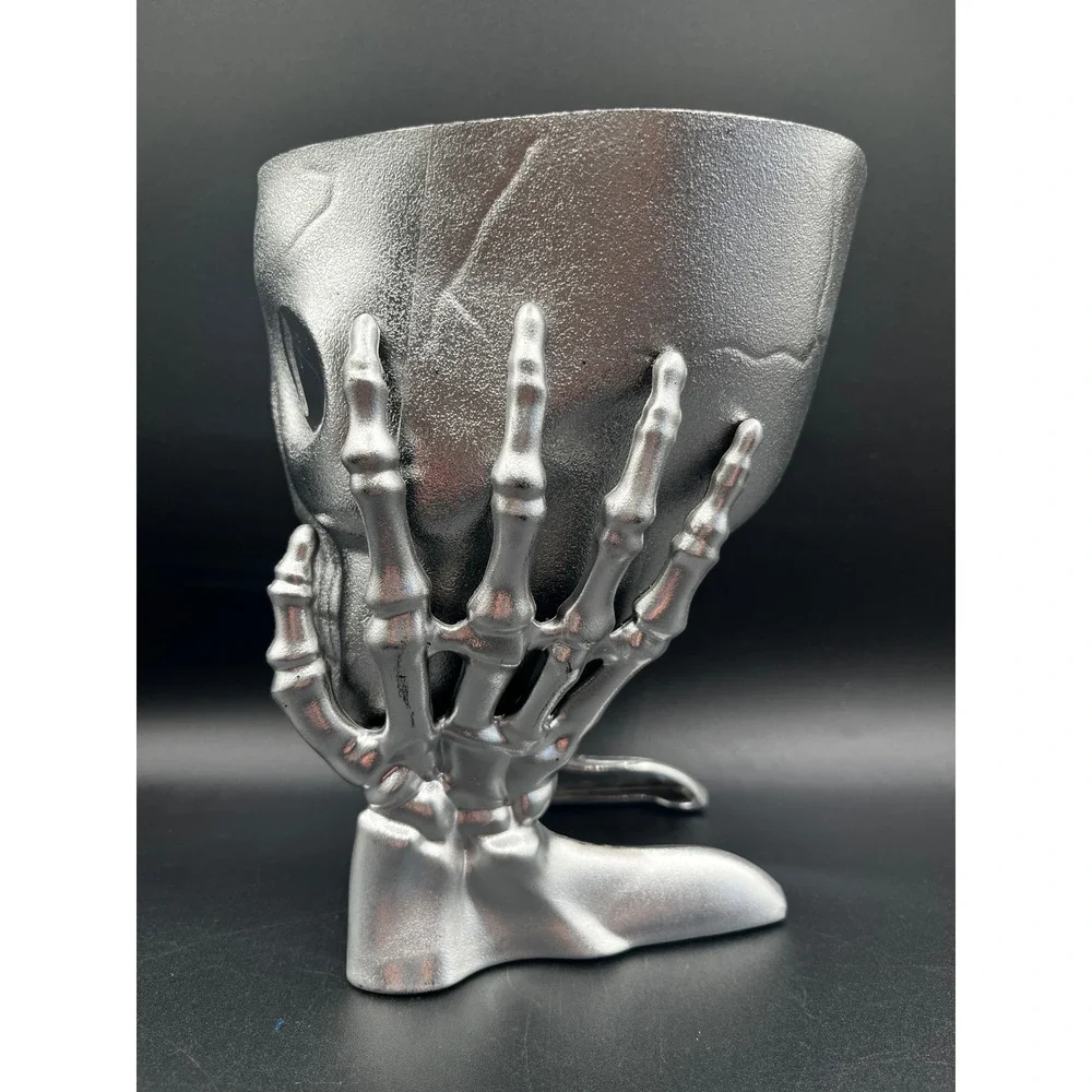 Silver Skull Bowl Skeleton Hands Decorative Halloween Goth Centerpiece 7